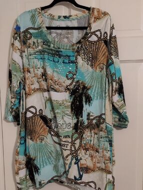 Onque Woman Turquoise Cream Seashell Print Embellished Tunic